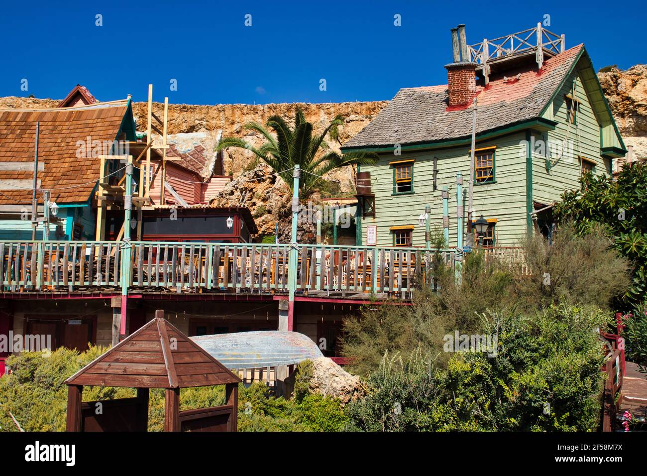 Popeye Set Wooden buildings at Popeye Village, the Popeye movie set in Malta Stock ...