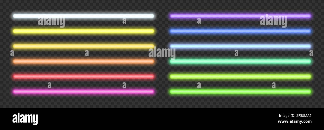 Neon light tubes set on transparent background. Blue, white, yellow, orange, green, pink, red led lines glowing vector illustration. Electric color pa Stock Vector