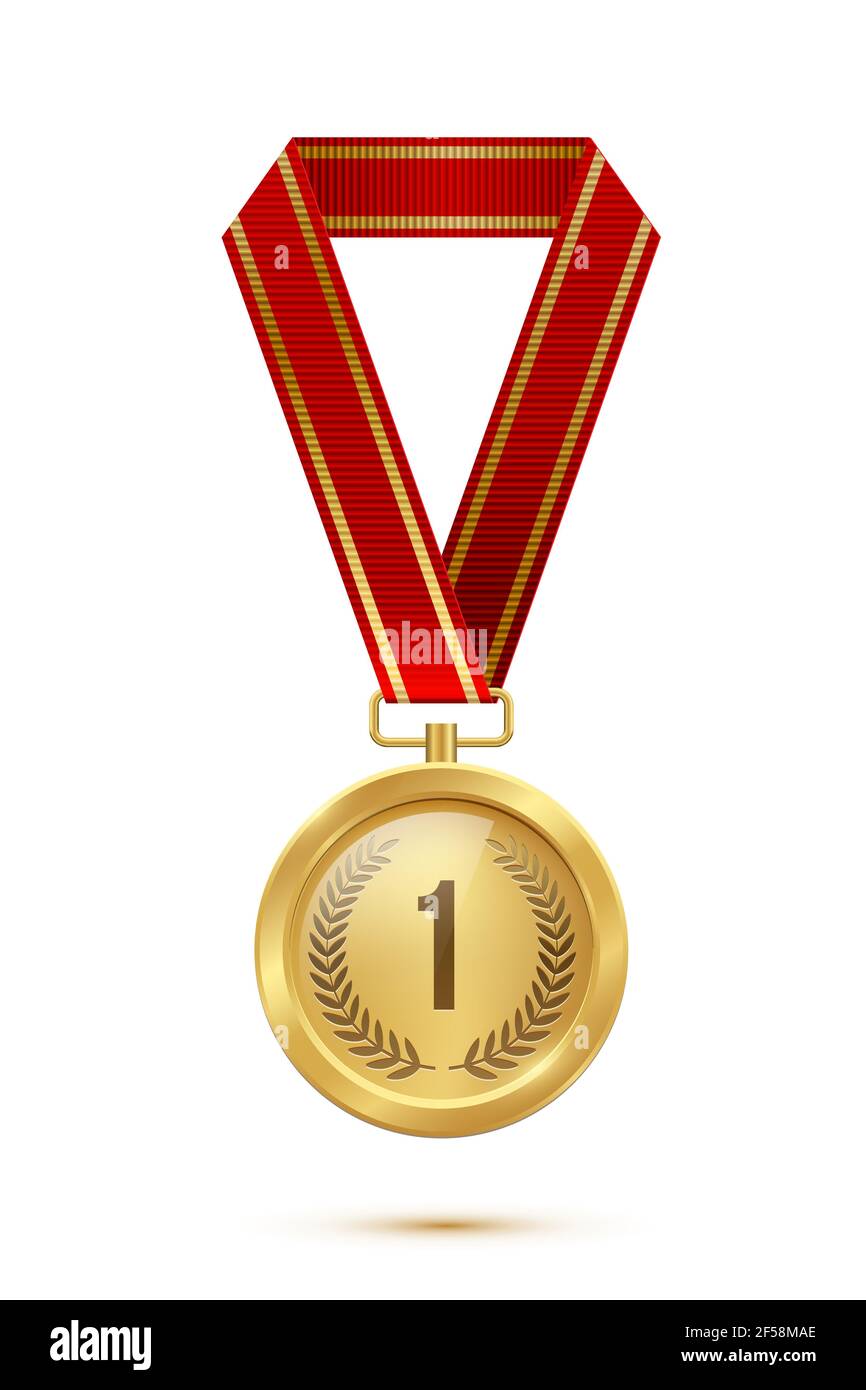 Gold medal with red ribbon. Champion golden trophy award with number