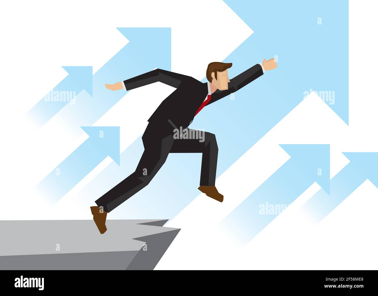 Business man running upward with flying blue arrows over the cliff. Concept of corporate growth, challenge or progress in his organisation. Isolated v Stock Vector