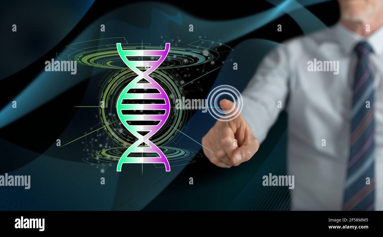 Man touching a transhumanism concept on a touch screen with his finger Stock Photo