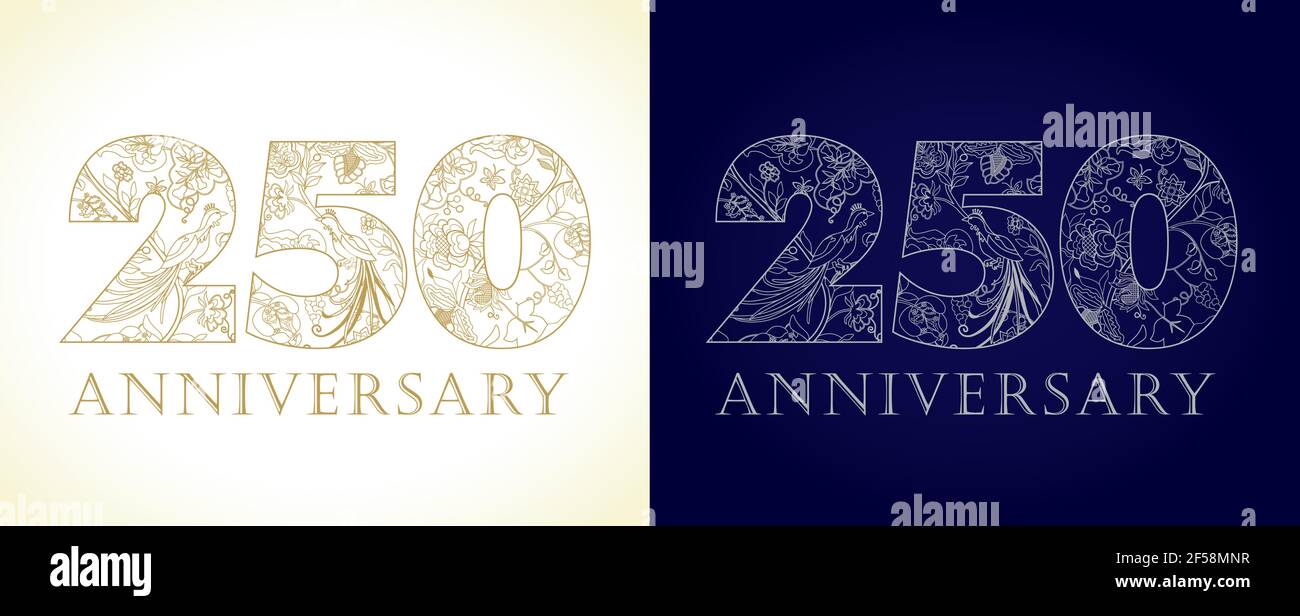 250 years old luxury celebrating numbers. Template gold, silver colored happy anniversary decorating greetings, set of 25 52 2nd 5th 20th 50th 25th tw Stock Vector