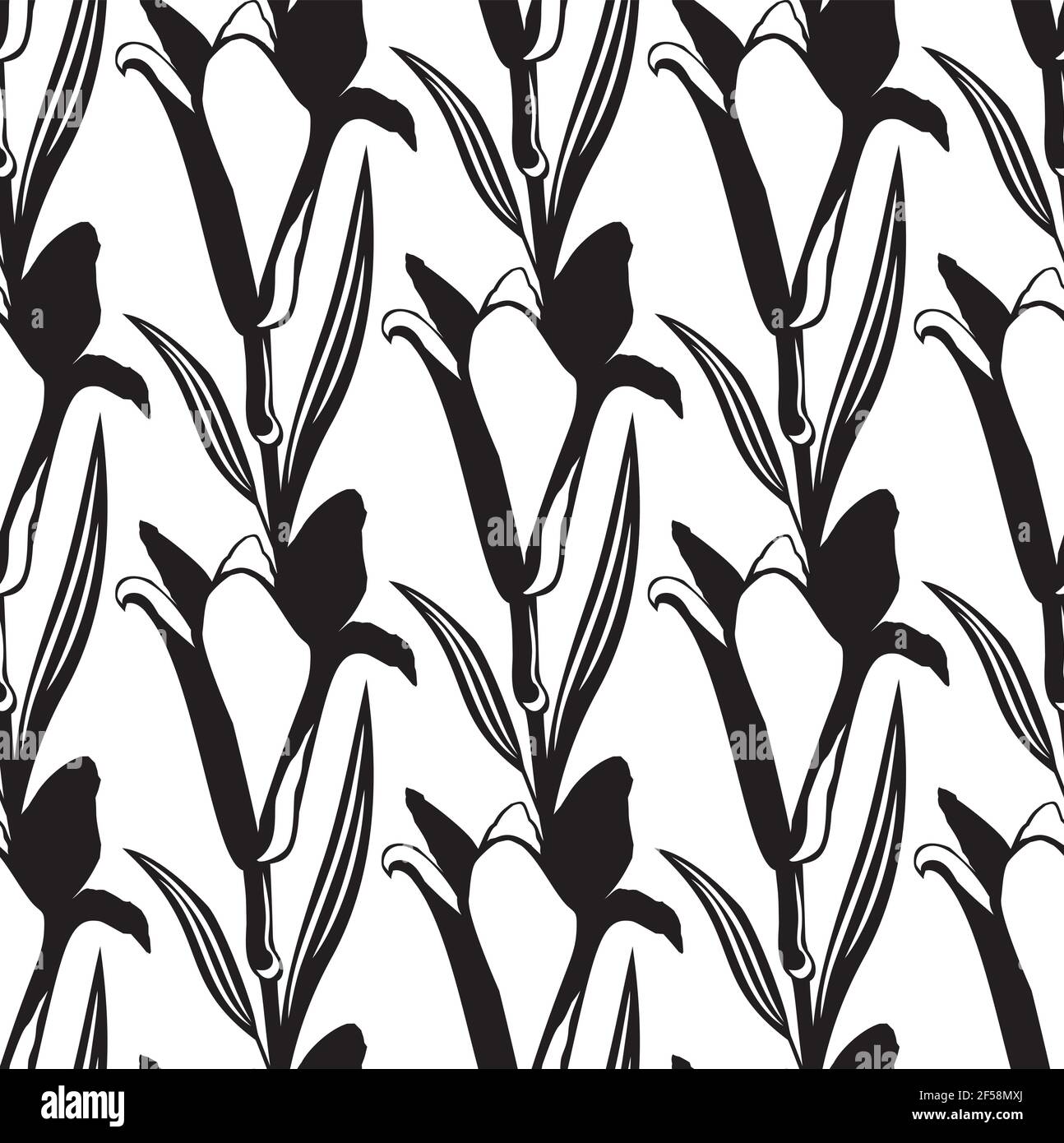 Black simple lily pattern. Seamless black white flower pattern. Vector ...