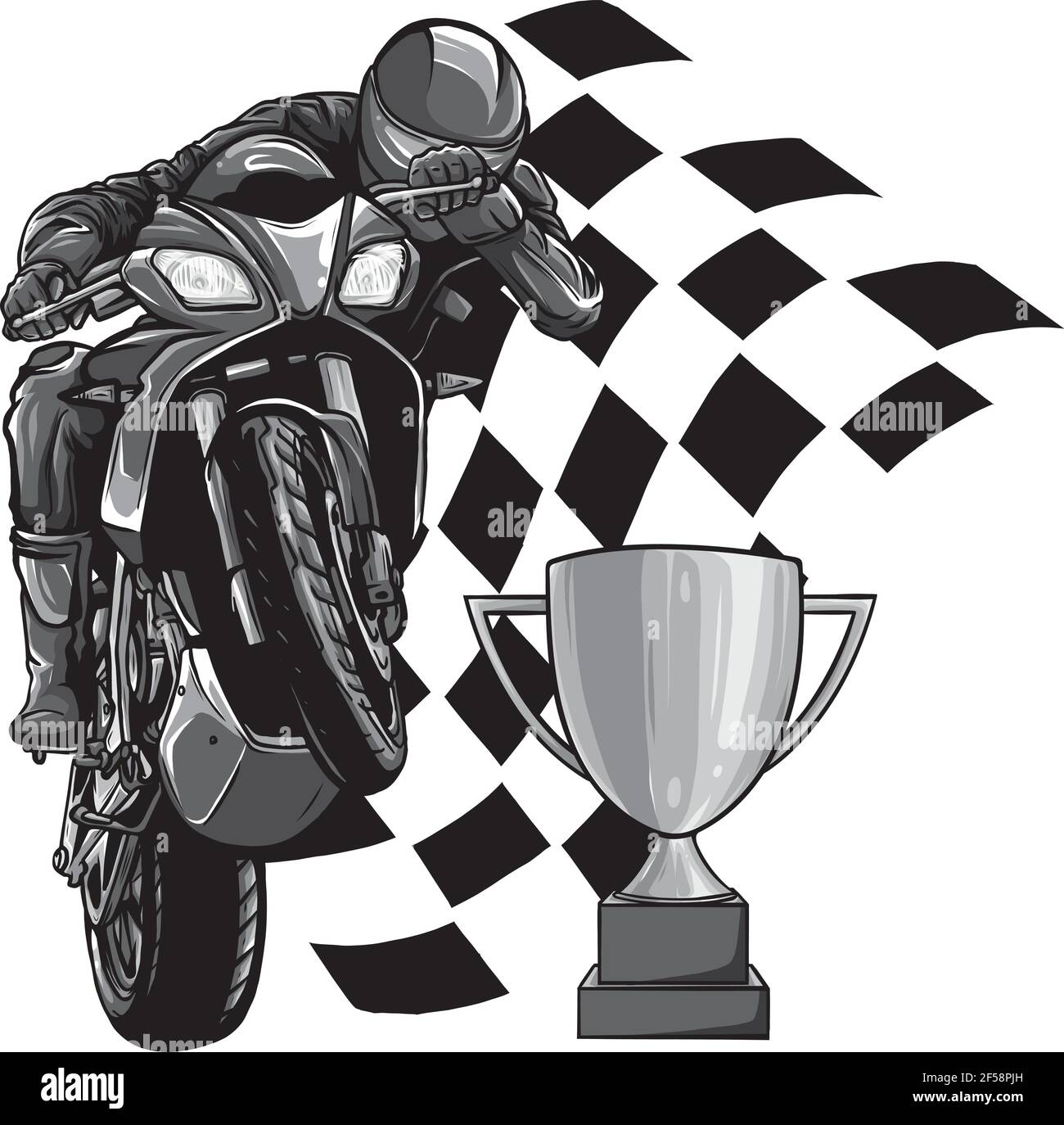 design of Riders on sport motorbike with cup and race flag Stock Vector