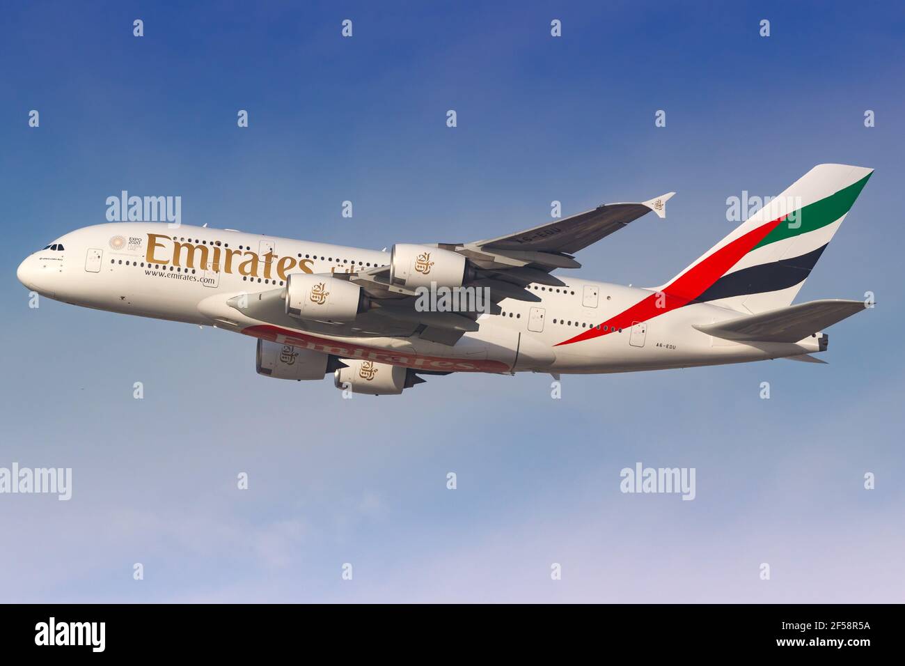 Dubai, United Arab Emirates – 21. February 2018: Emirates Airbus A380 at Dubai International airport (DXB) in the United Arab Emirates. Airbus is an a Stock Photo