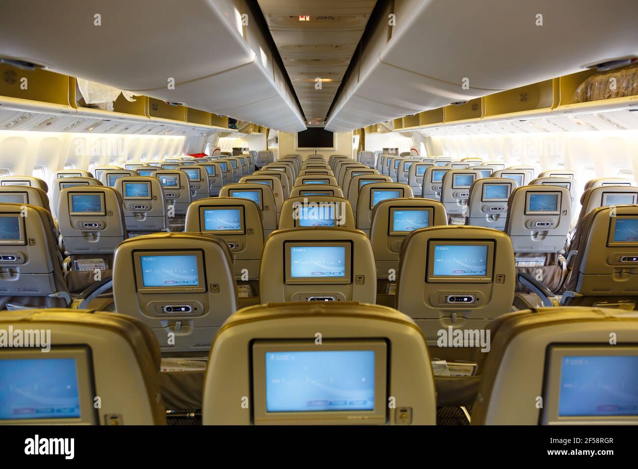 Jeddah, Saudi Arabia – February 17, 2018: Cabin of a Saudi Arabian Airlines Boeing 777-300ER airplane at Jeddah Airport (JED) in Saudi Arabia. Stock Photo