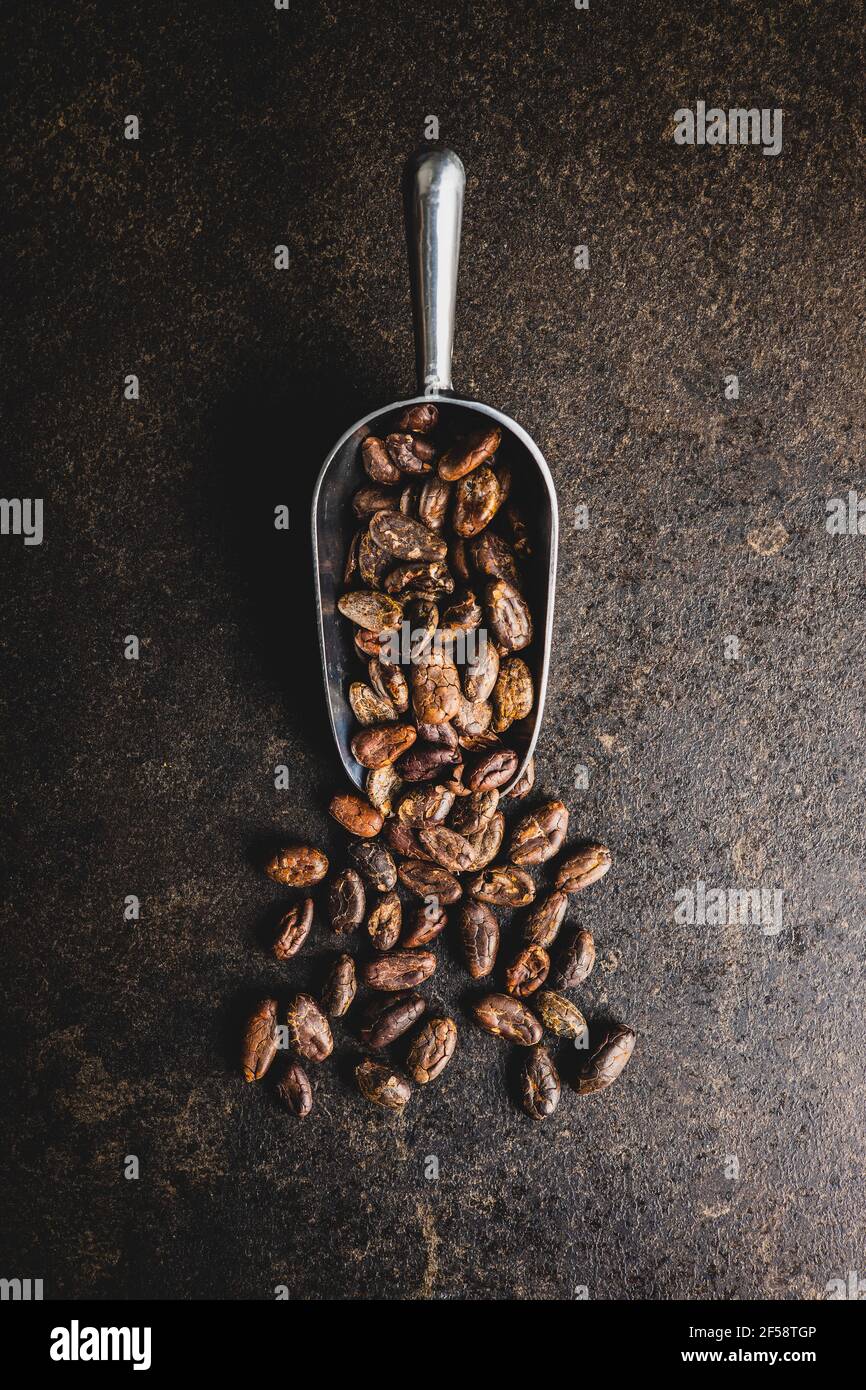 Roasted cocoa beans in scoop on black table. Top view Stock Photo Alamy