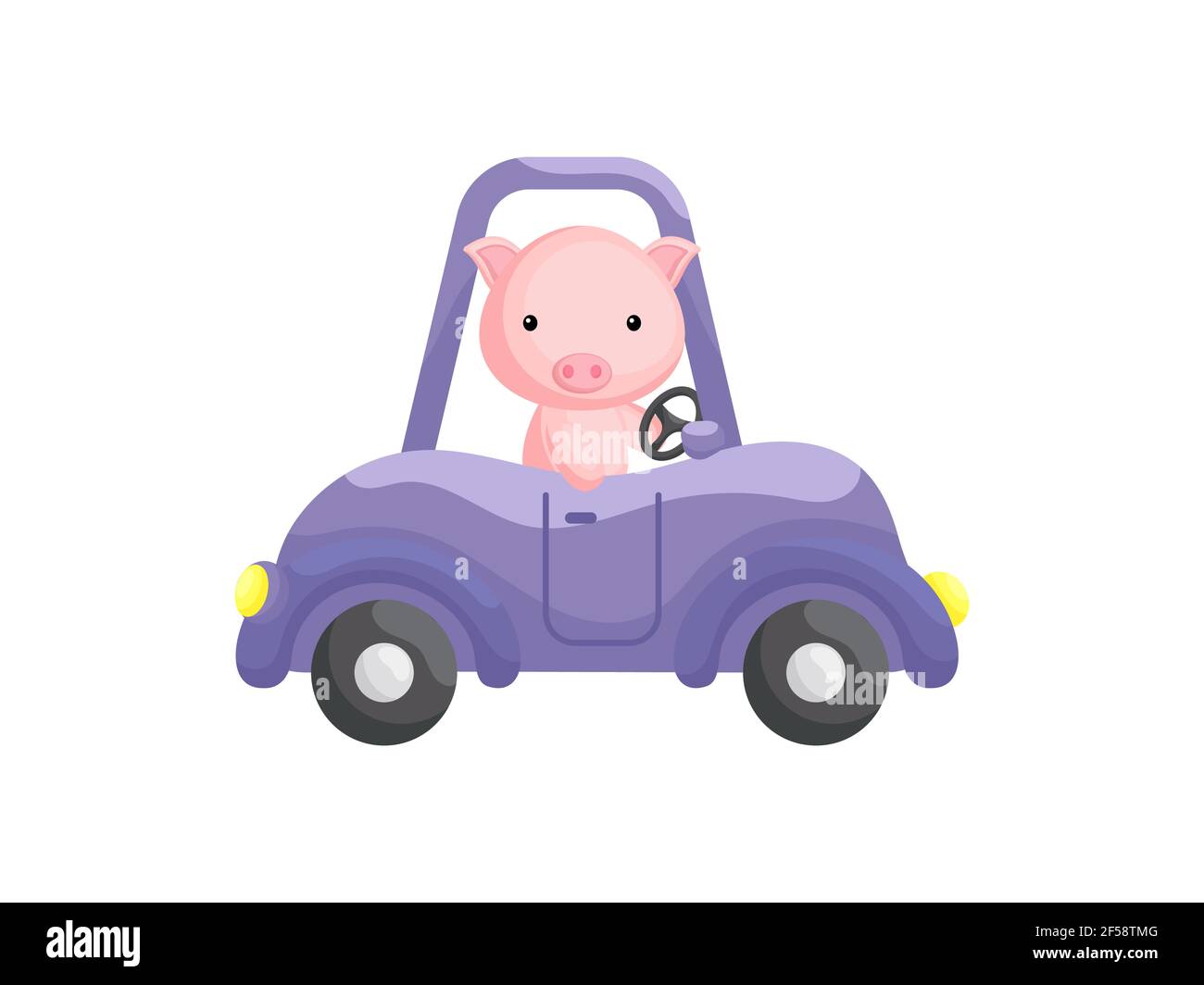 Cute little pig driving purple car. Cartoon character for childrens book, album, baby shower, greeting card, party invitation, house interior. Vector Stock Vector