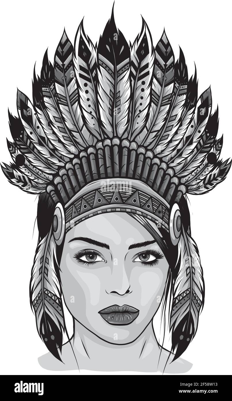 design of Beautiful girl in a headdress of North American Indians. Stock Vector