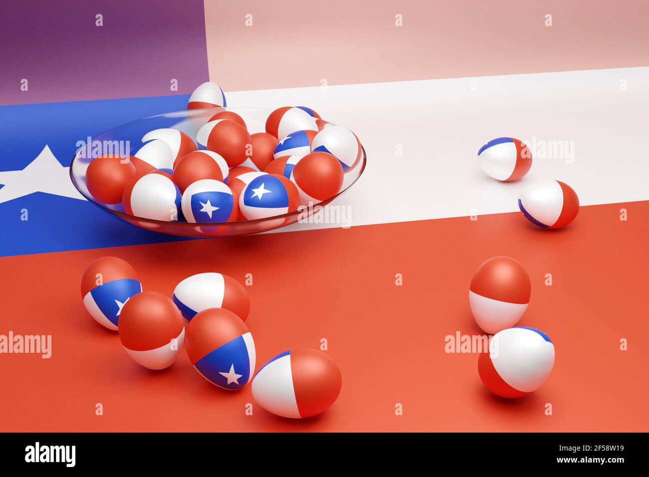 3d illustration of balls with the image of the national flag of the Chile  on an isolated background. State symbol and patriotic Stock Photo