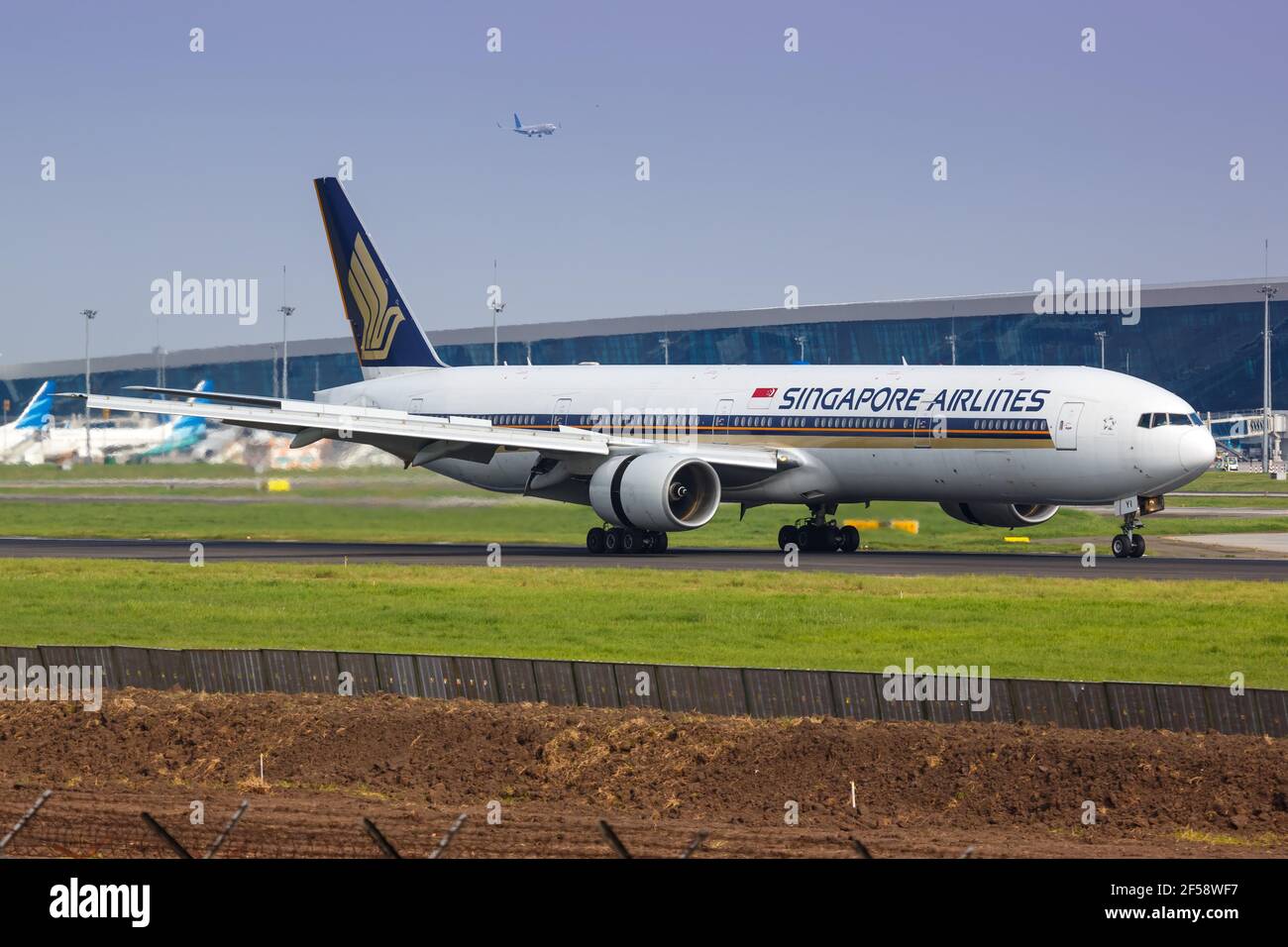 Jakarta, Indonesia – 27. January 2018: Singapore Airlines Boeing 777-300 at Jakarta airport (CGK) in Indonesia. Boeing is an aircraft manufacturer bas Stock Photo