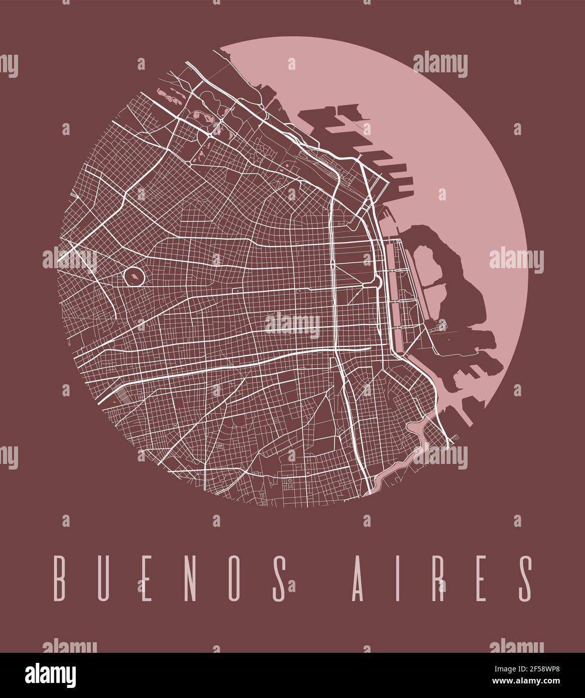 Buenos Aires map poster. Decorative design street map of Buenos Aires city. Cityscape aria panorama silhouette aerial view, typography style. Land, ri Stock Vector