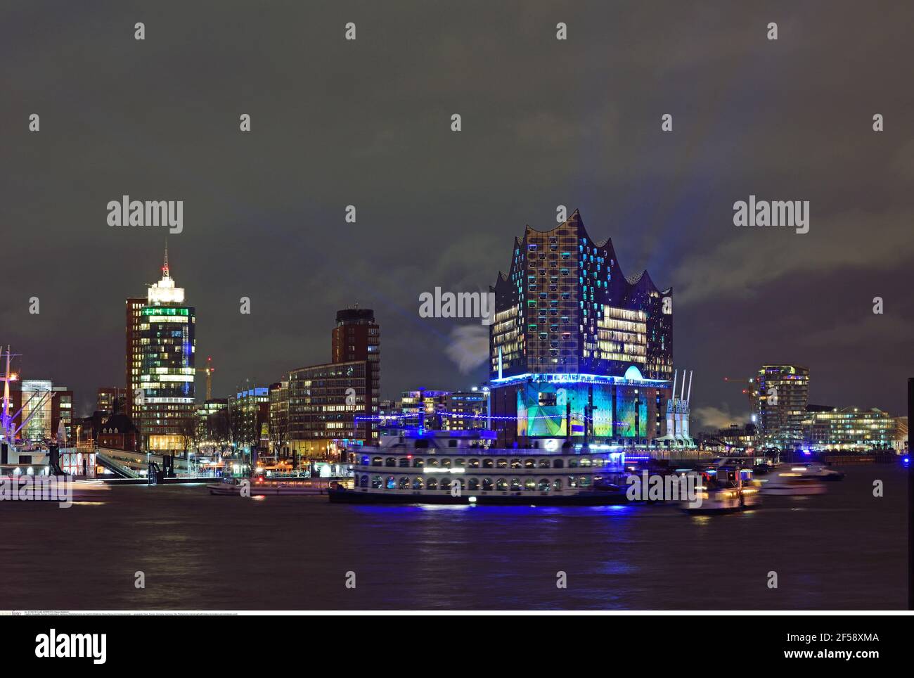 geography / travel, Europe, Germany, Hamburg, Elbe Philharmonic Hall at night with festive illuminatio, Additional-Rights-Clearance-Info-Not-Available Stock Photo