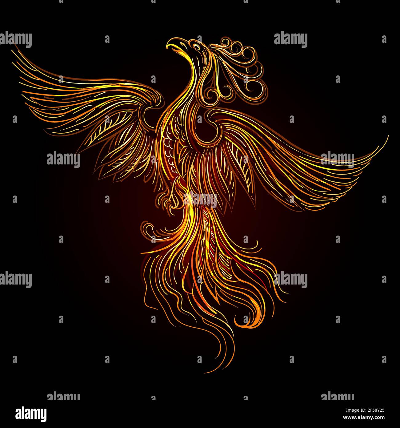Rising Fire burning Phoenix Bird on Black Background. Vector Illustration. Stock Vector