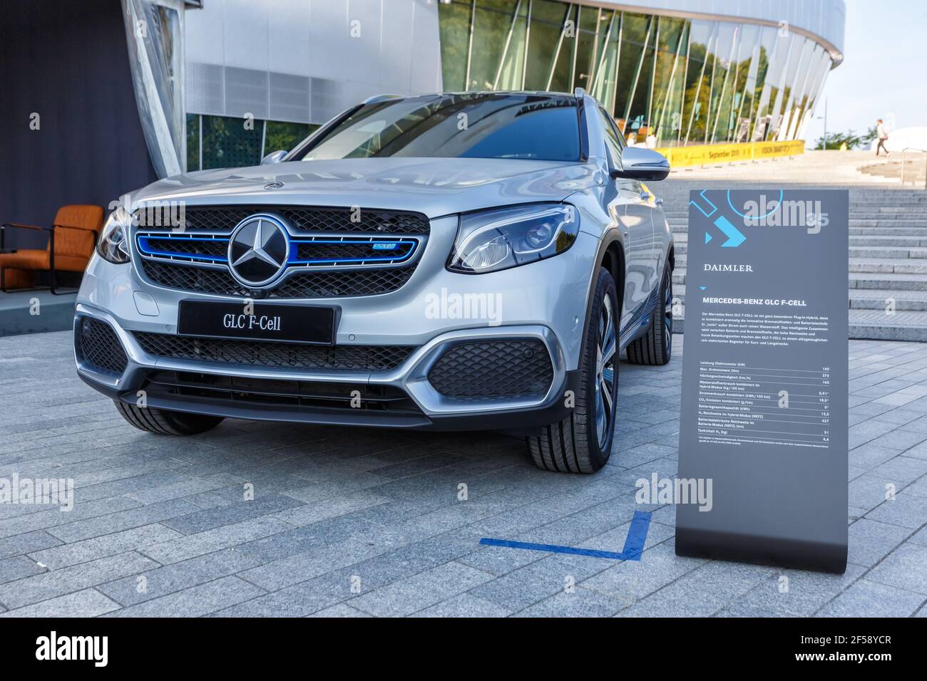 Stuttgart, Germany - September 15, 2019: Mercedes-Benz fuel cell car GLC F-Cell Daimler Mercedes Benz eco green clean energy in Stuttgart, Germany. Stock Photo