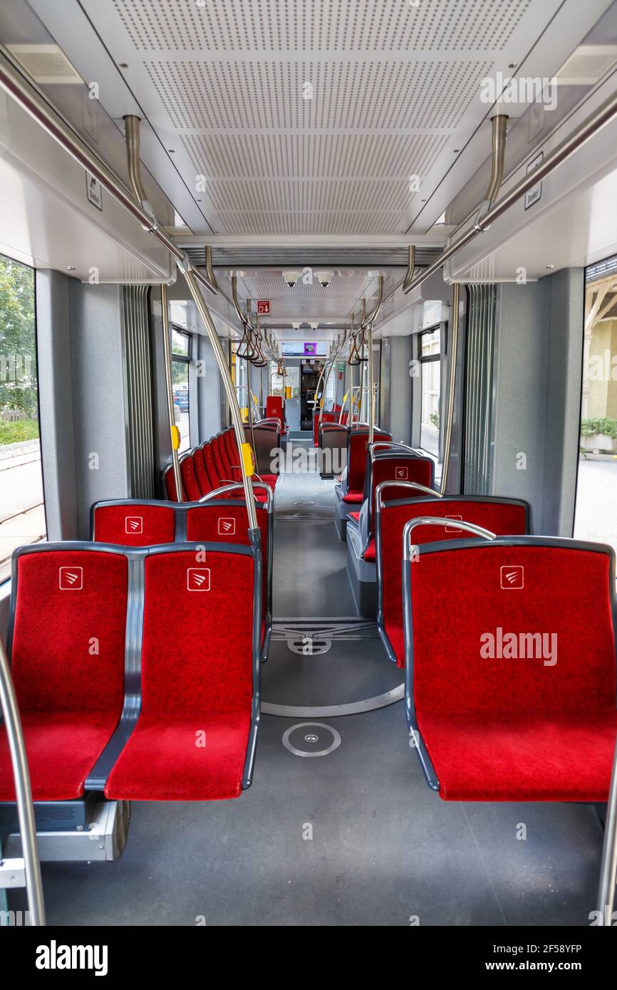 Fulpmes, Austria - August 1, 2020: Stubaitalbahn Innsbruck Tram train interior portrait format in Austria. Stock Photo