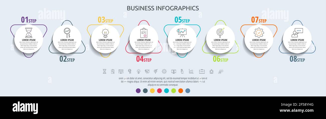 Modern and simple flat vector circles infographic with 8 steps, triangle. Timeline for diagram, chart, workflow layout, presentations, flowchart Stock Vector