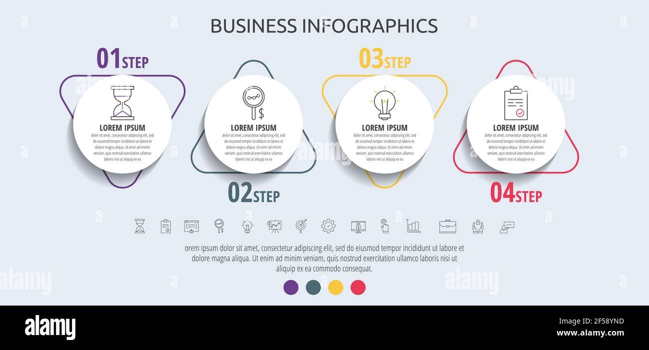 Modern and simple flat vector circles infographic with 4 steps, triangle. Timeline for diagram, chart, web, banner, workflow layout, flowchart, info Stock Vector