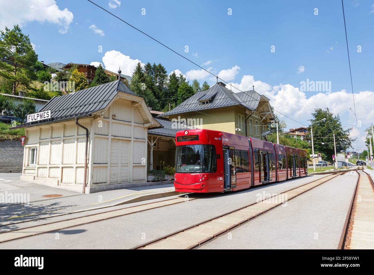 Fulpmes, Austria - August 1, 2020: Stubaitalbahn Innsbruck Tram train Fulpmes station in Austria. Stock Photo