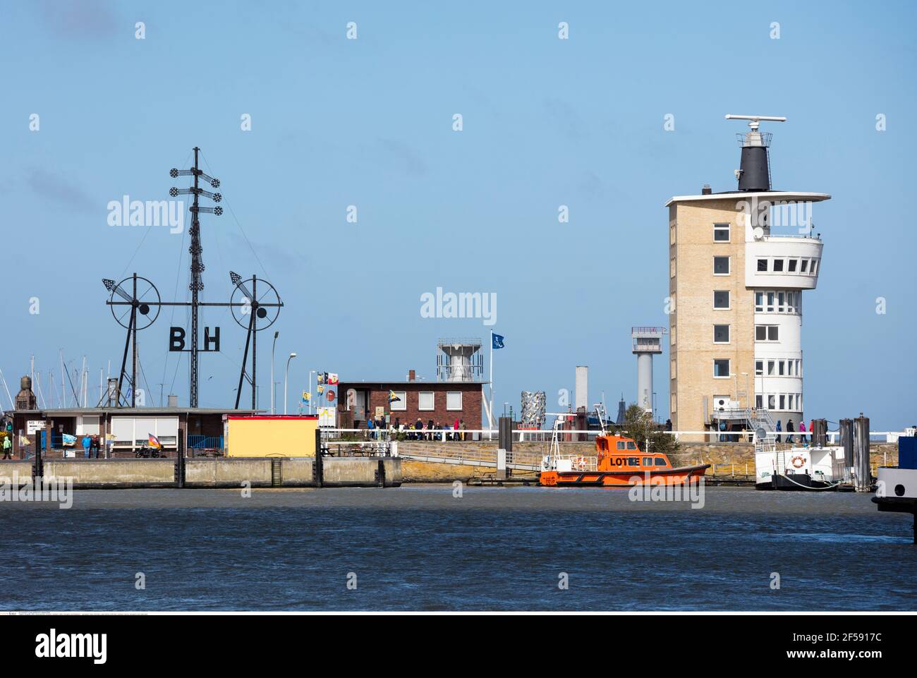 geography / travel, Germany, Lower Saxony, North Sea, Cuxhaven, harbour, semaphore and radar tower, Additional-Rights-Clearance-Info-Not-Available Stock Photo