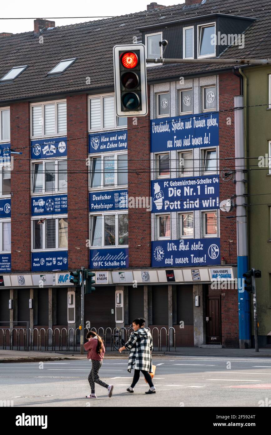 German Bundesliga football club FC Schalke 04, The Schalker Mile, Mile of Tradition, Kurt-Schumacher-Strasse in Gelsenkirchen-Schalke, Schalker facade Stock Photo
