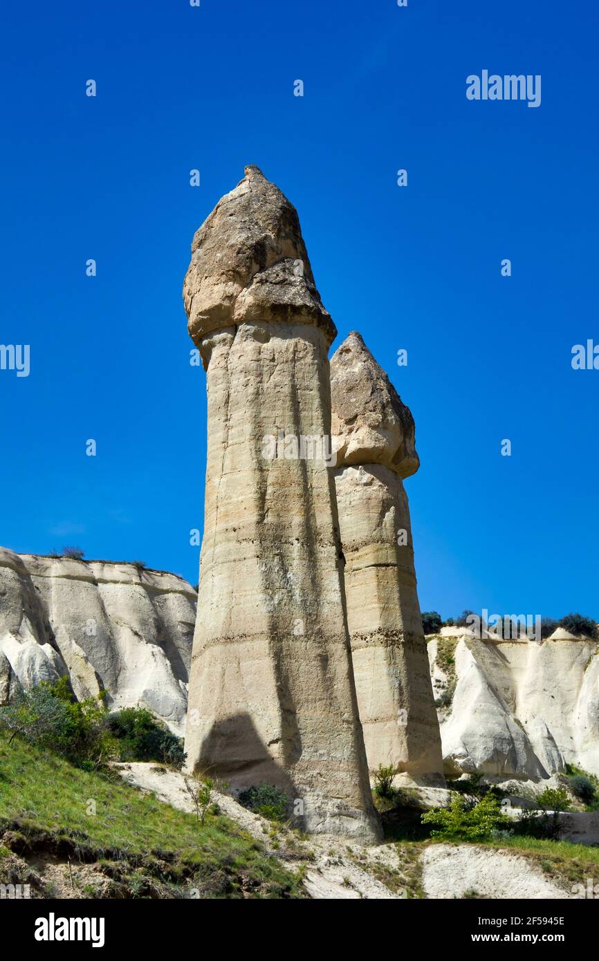Typical fairy chimneys, eroded sandstone rock formations in the Love Valley, near the towns of Göreme and Çavusin. Cappadocia. Central Anatolia.Turkey Stock Photo