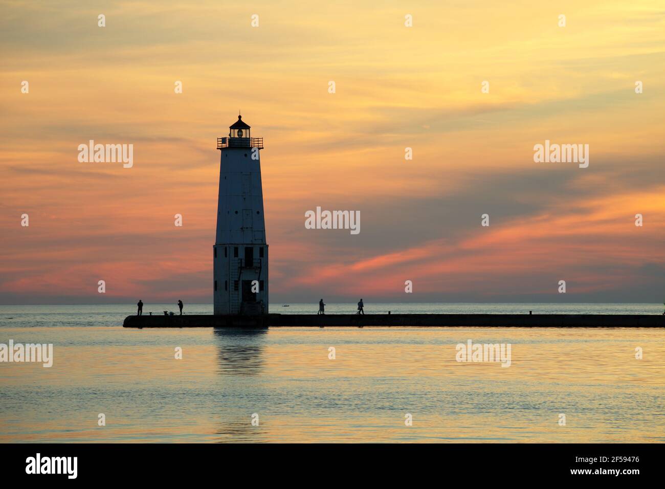 geography / travel, USA, Michigan, Frankfort, Frankfort Lighthouse (1912), sundown, Lake Michiga, Additional-Rights-Clearance-Info-Not-Available Stock Photo