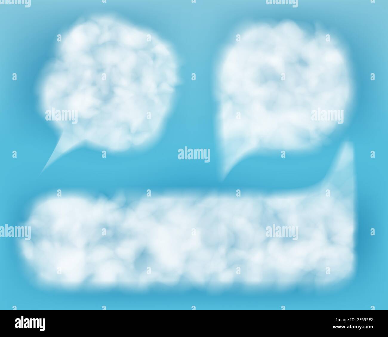 Empty comic speech balloons. Chat bubbles in the form of white spots. Speech boxes made of light air clouds against the blue sky. 3d realistic vector Stock Vector