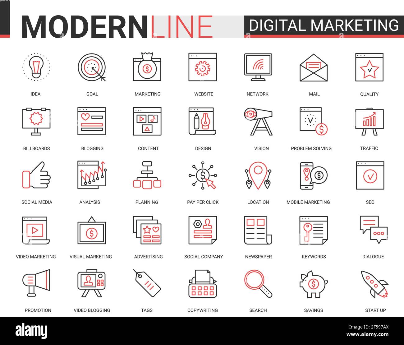 Digital marketing red black line icons vector illustration Stock Vector