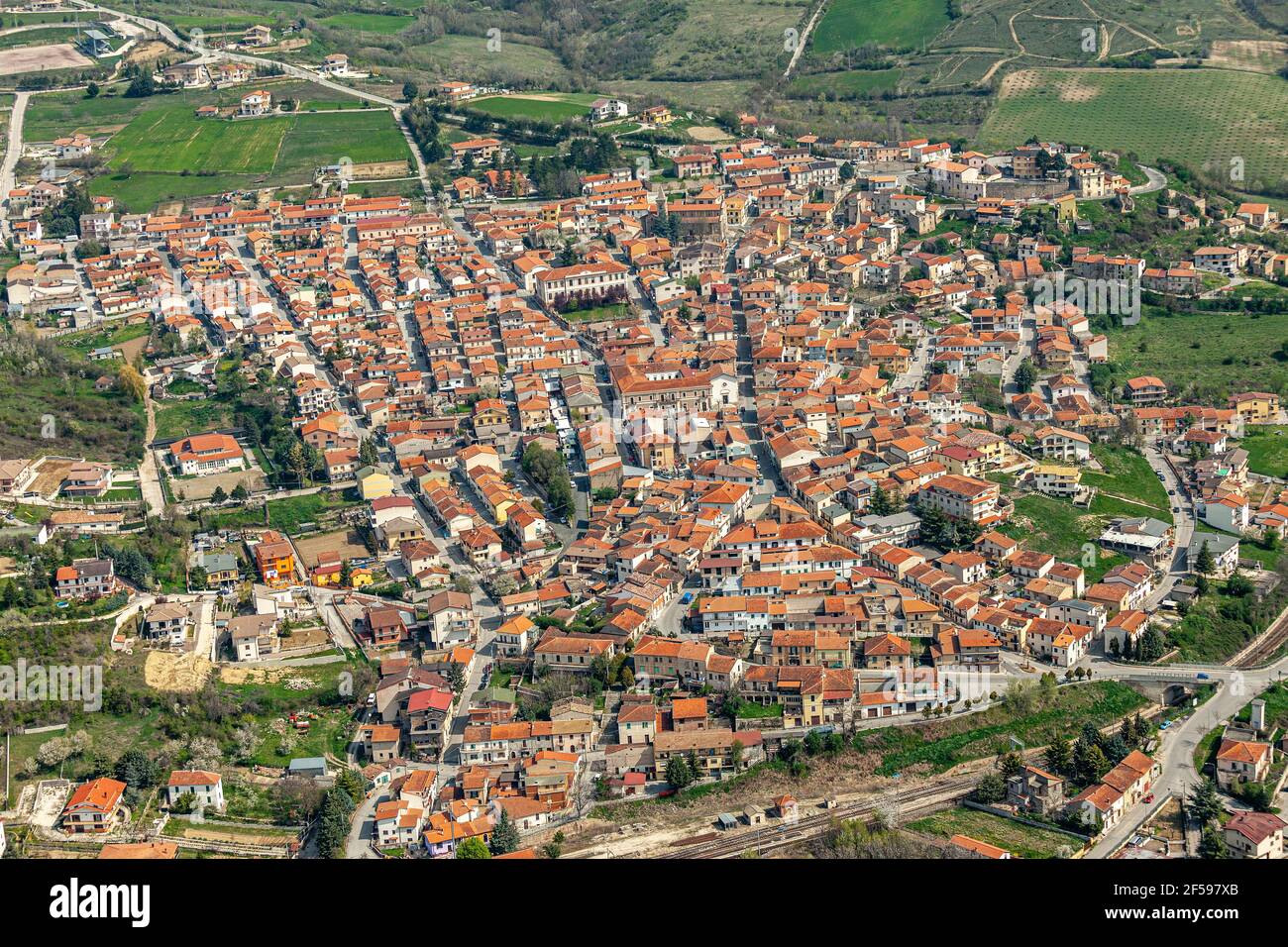 aerial view of the new town of Cerchio, rebuilt after the 1915 earthquake. Cerchio, province of L'Aquila, Abruzzo, Italy, Europe Stock Photo