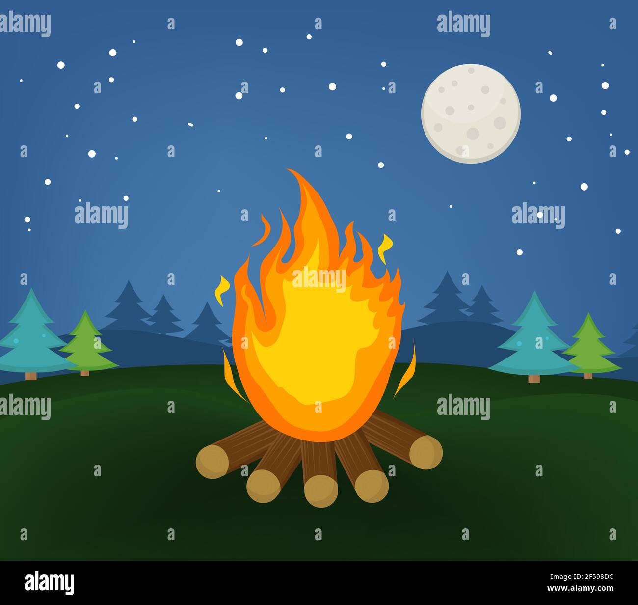 Lag Baomer bonfire in the forest, Lag B'Omer Jewish holiday, camping concept. Vector illustration Stock Vector