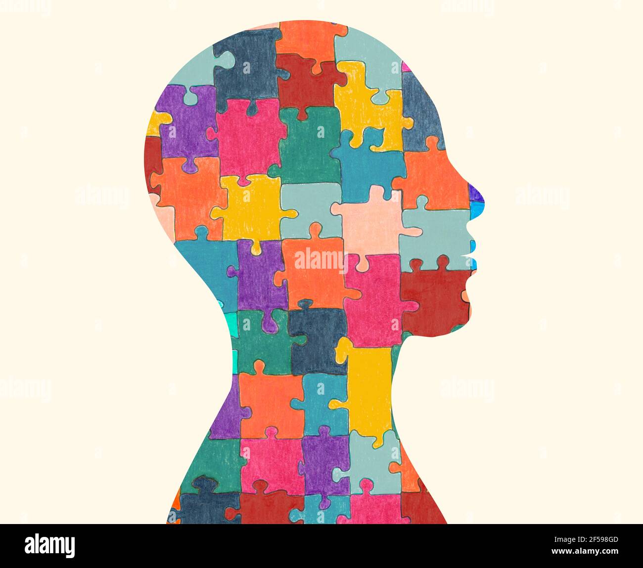 Autism syndrome concept. Jigsaw that forms human head in profile. Learning support and education. Neurological Disease. Mind and brain. Conceptual. Stock Photo