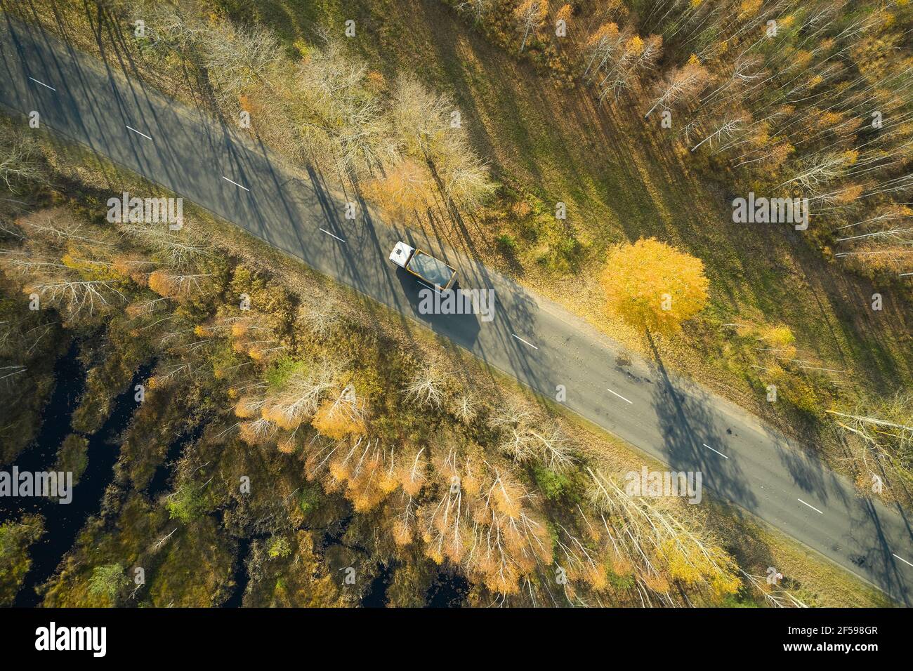 Aerial view of road with a car in autumn forest. Captured from above ...