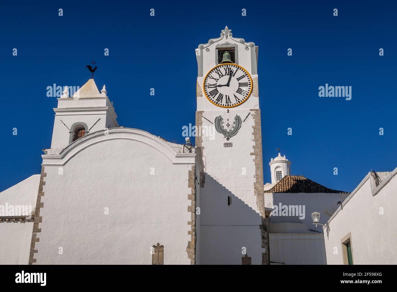 Clock Tower, St Maria of the Castle Church, Tavira, Eastern Algarve, Algarve, Portugal, Stock Photo