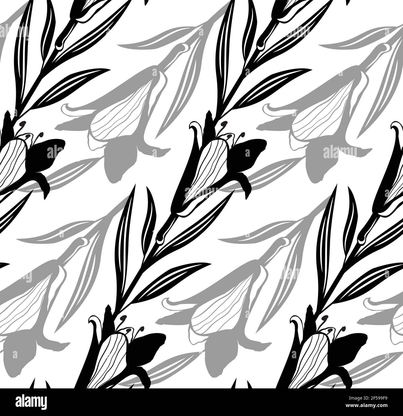 Black simple lily pattern. Seamless black white flower pattern. Vector illustration. Stock Vector