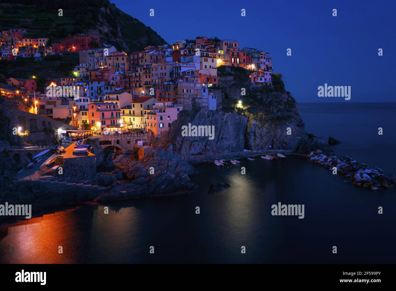 Magnificent night view of the Manarola village. Manarola is one of the five famous villages in Cinque Terre Five lands National Park. Liguria, Italy Stock Photo