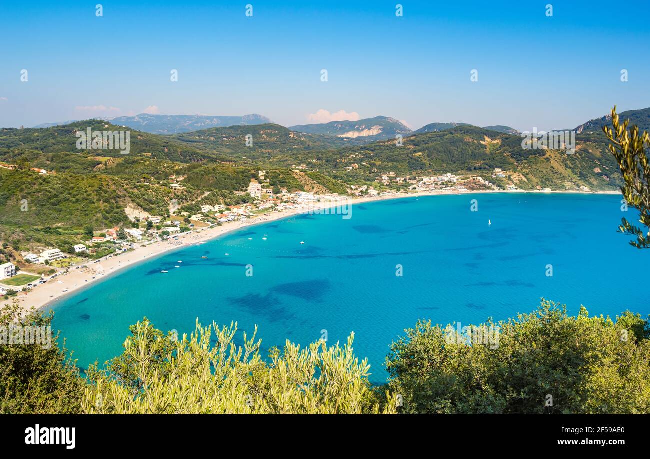 Porto Timoni beach on Corfu island in Greece. Beautiful panoramic view of green mountains, clear sea water, secluded Pirates bay and double stony Stock Photo