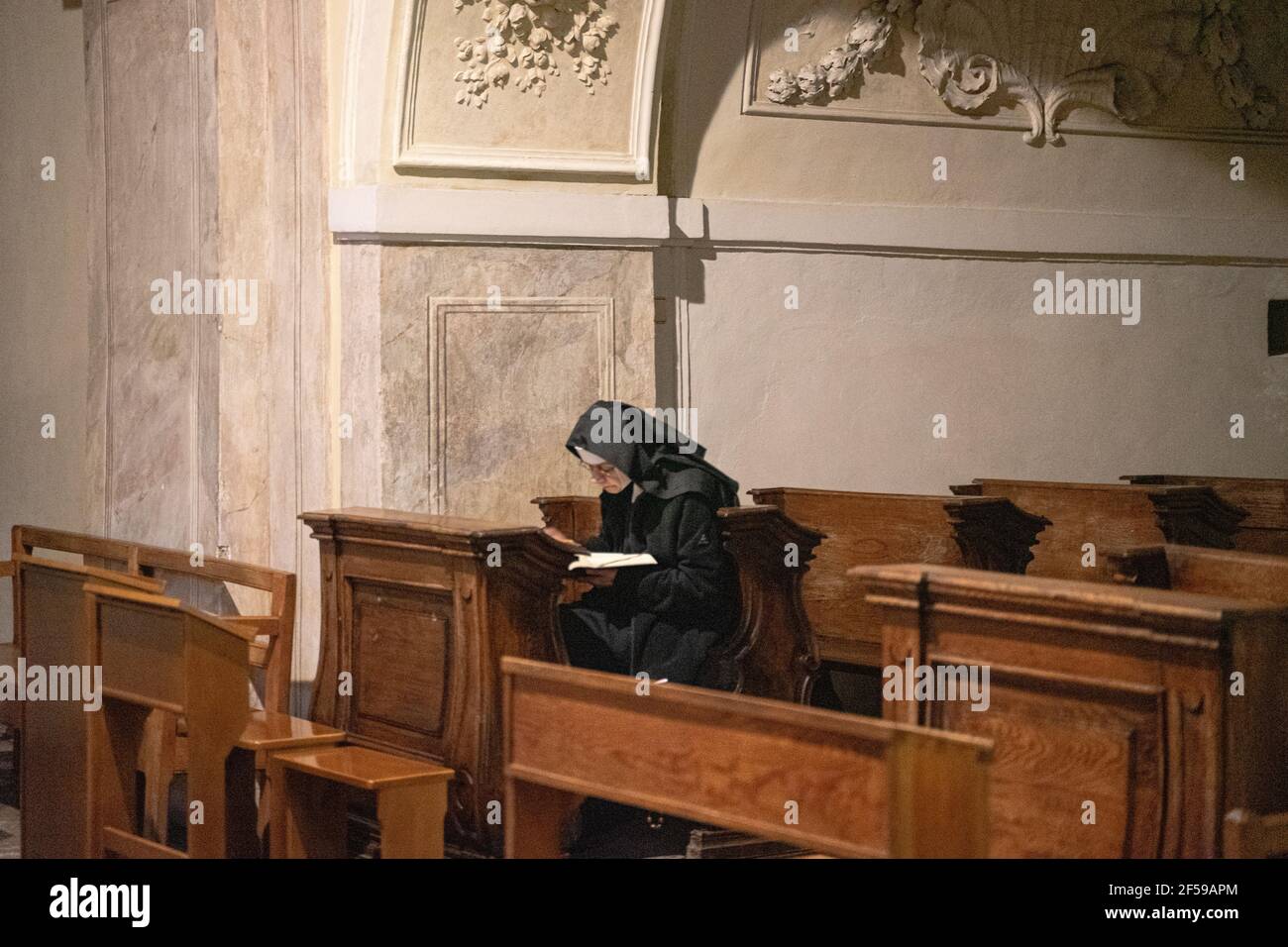 A lone Caucasian Catholic nun wearing a black habit and reading the book, concentrated under natural light in a pew inside a cathedral. Stock Photo