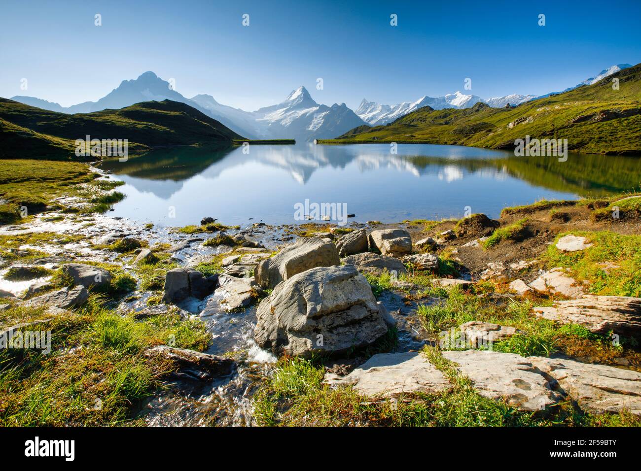 geography / travel, Switzerland, Lake Bachalp (Bachalpsee), Wetterhorn (peak), Schreckhorn (peak), Fin, Additional-Rights-Clearance-Info-Not-Available Stock Photo