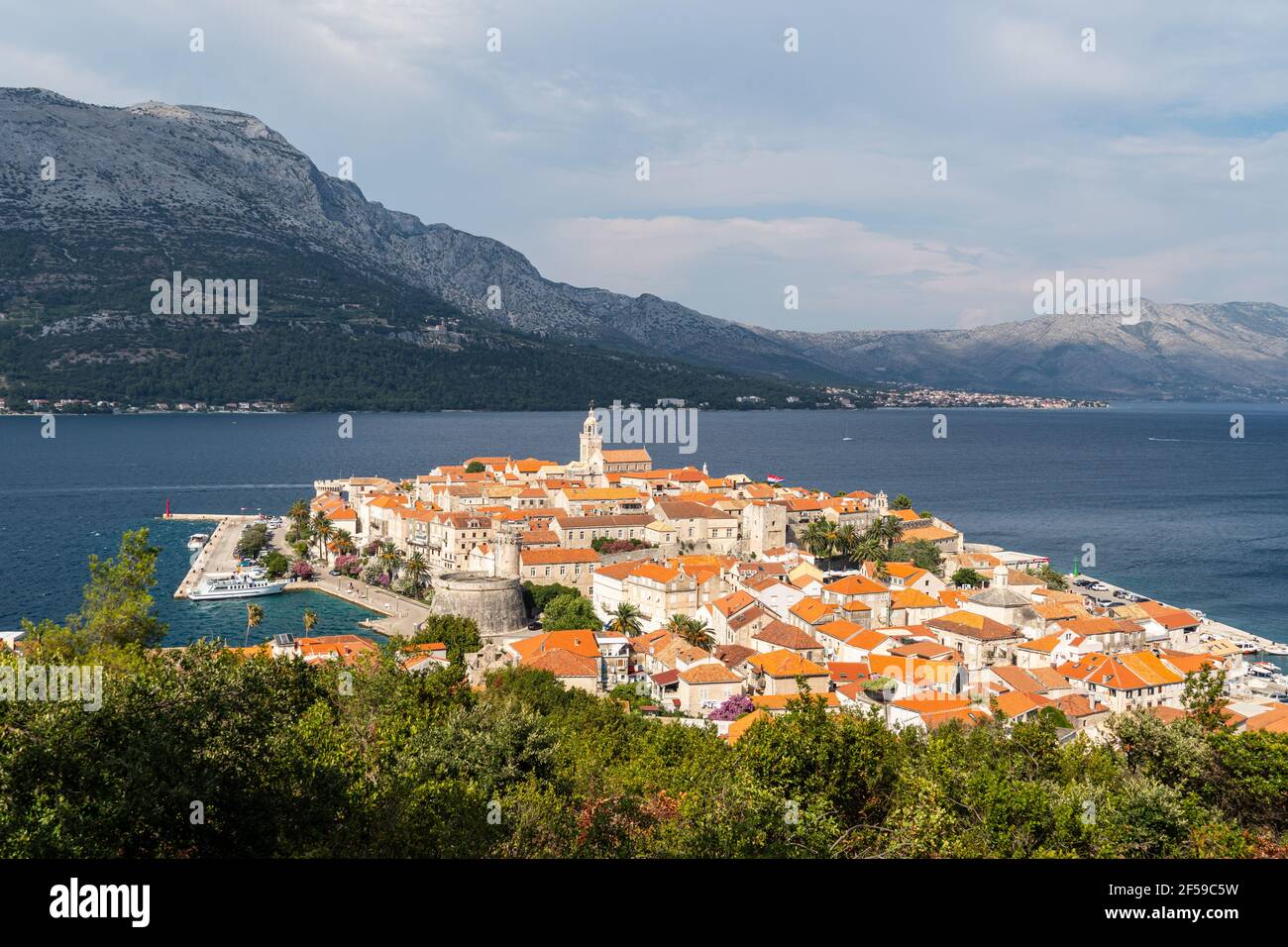 View of the Korcula old town, dating from Venetian times, from the hill overlooking the city by the Adriatic sea in Croatia Stock Photo