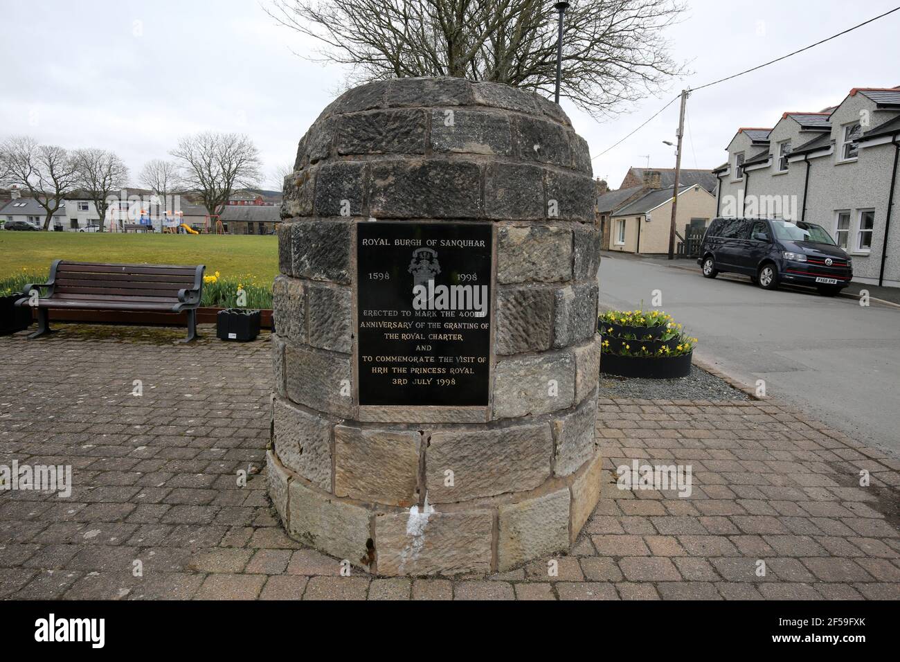 Sanquhar, Dumfries & Galloway, Scotland, UK. 22 Mar 2021. Cairn marking 400th anniversary of Royal Charter commemorating visit of HRH Princess Royal Stock Photo