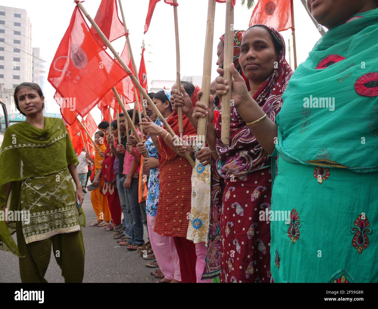 Workers of garment sector in Bangladesh demonstrate for better working conditions in Dhaka Stock Photo
