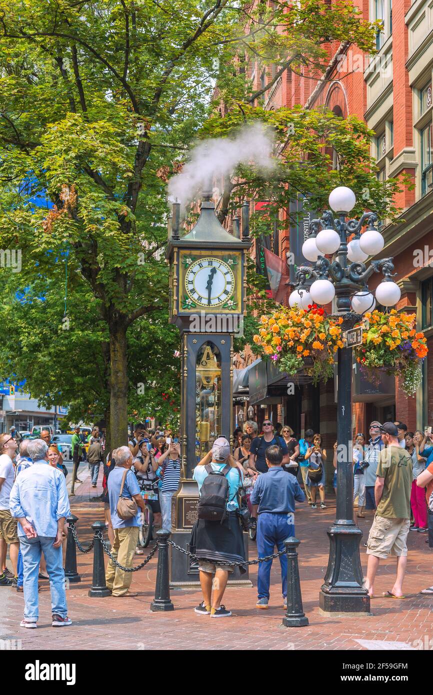 geography / travel, Canada, Vancouver, Gastown, Steam Clock on full hour, Additional-Rights-Clearance-Info-Not-Available Stock Photo