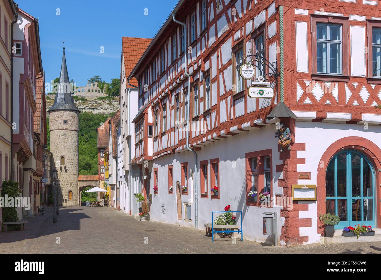 geography / travel, Germany, Karlstadt, Maingasse with Maintor and view towards Karlsburg, Additional-Rights-Clearance-Info-Not-Available Stock Photo