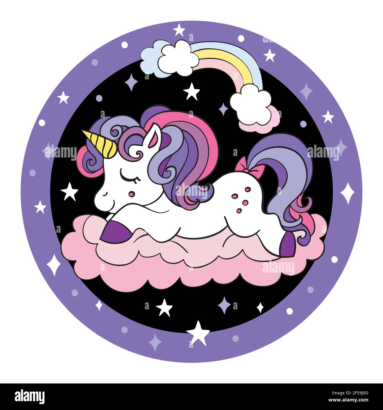 Cute cartoon baby unicorn sleeping on a cloud. Vector illustration circle  shape on black background. For party, print, baby shower, wallpaper, design  Stock Vector Image & Art - Alamy