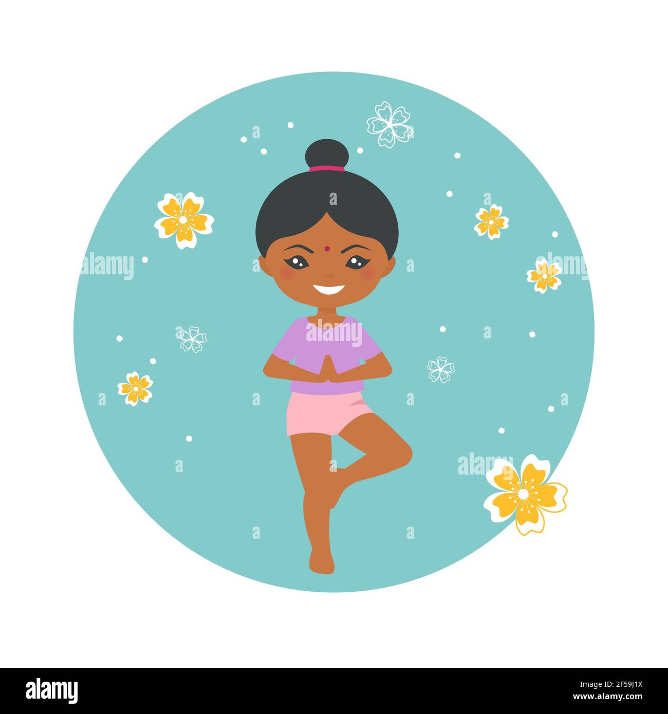 Cute indian chibi girl doing yoga on blue background. Cartoon flat ...