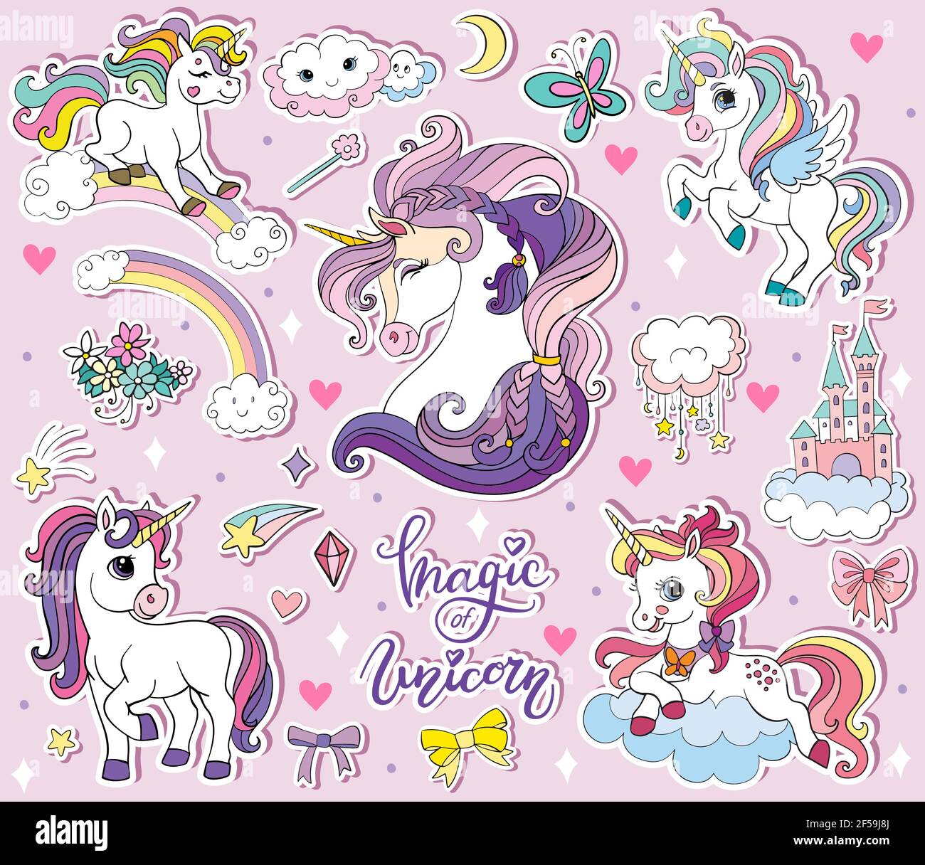 Set of cute cartoon unicorns and magic elements. Vector isolated  illustration. For party, print, baby shower, stickers, stcard, posters,  design, decor Stock Vector Image & Art - Alamy