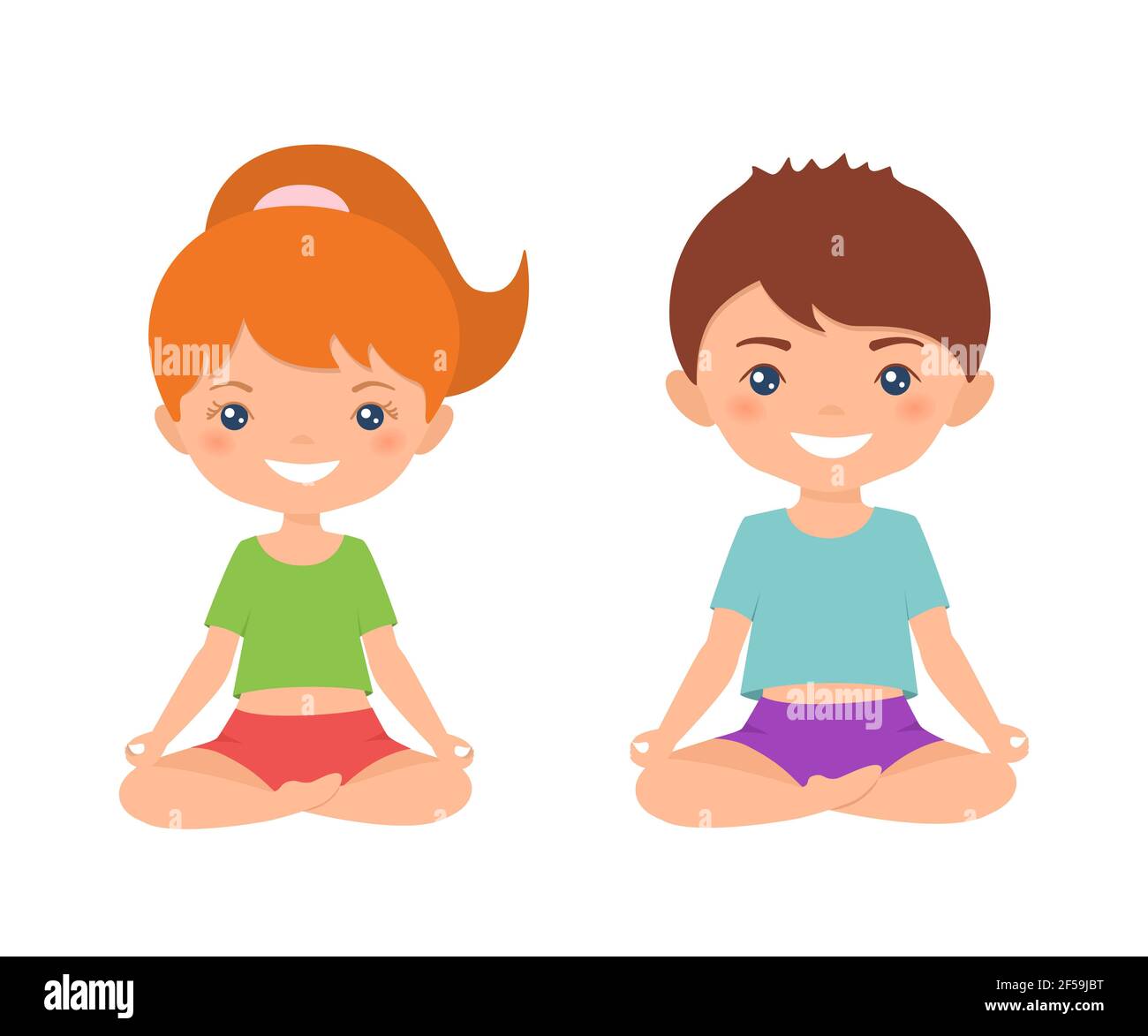 Girls and boys doing yoga. Cute yoga kids set. Stock Vector by