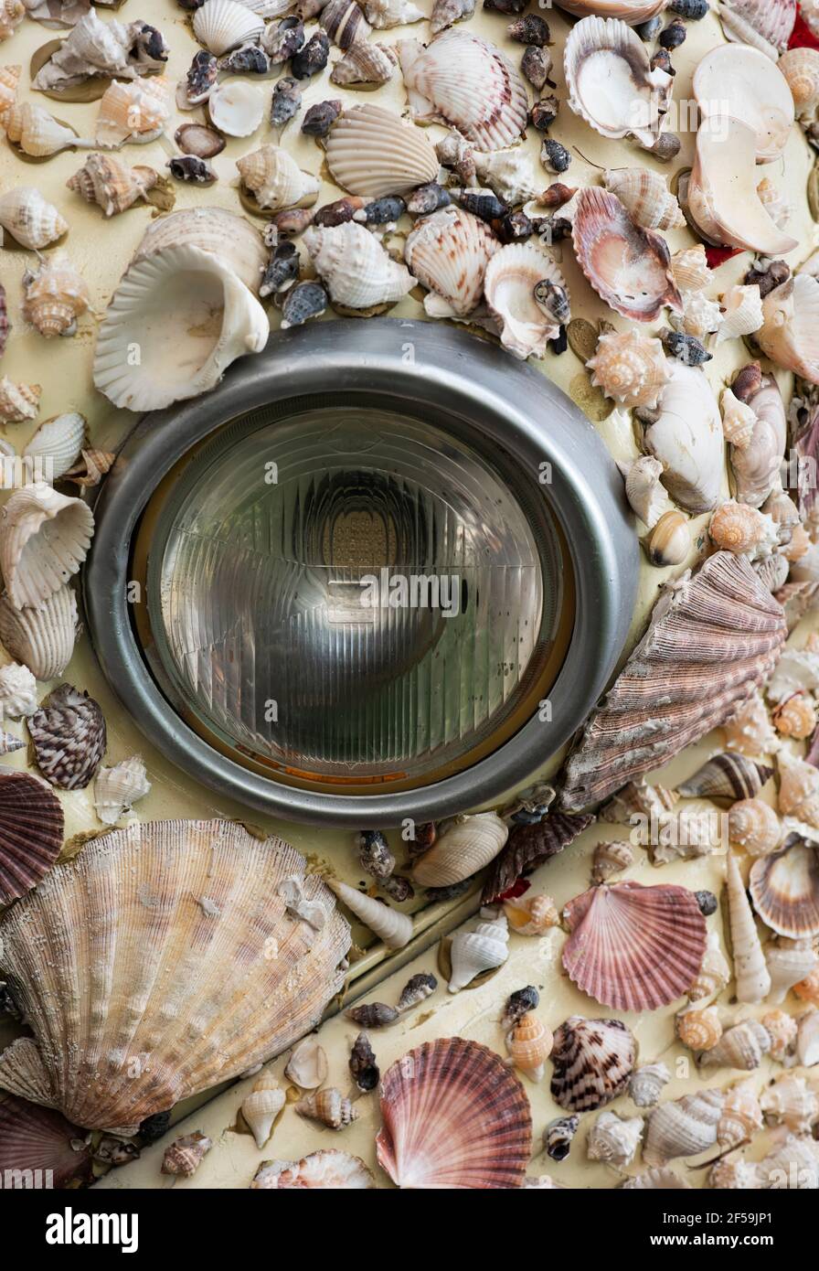 Close-up of a car headlight in the center of seashells scattered all around. Imaginative graphic art concept Stock Photo