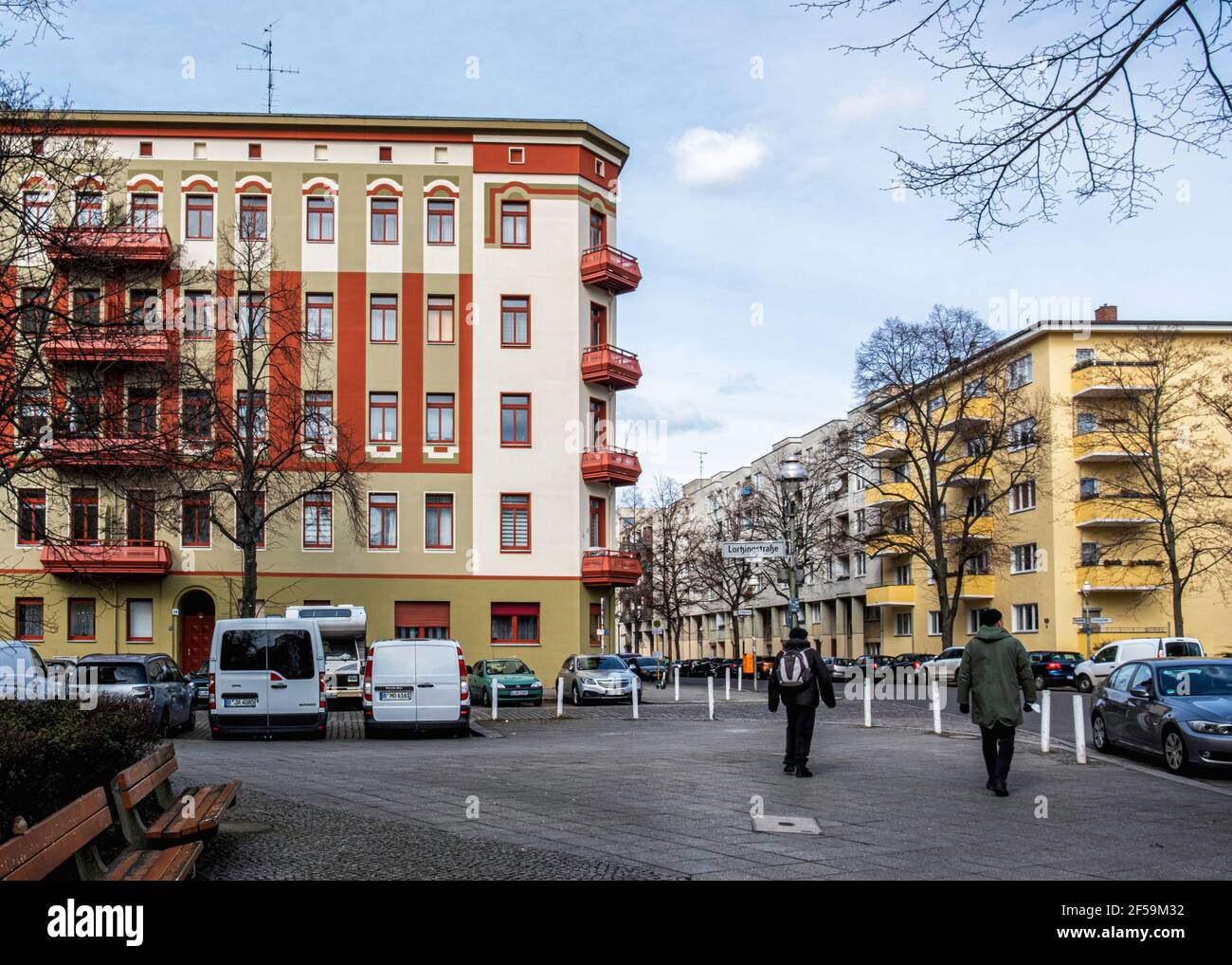 Colourful apartment buildings exterior & facade, Cnr Graunstrsse & Lortzingstrasse,  Gesundbrunnen, Berlin Stock Photo